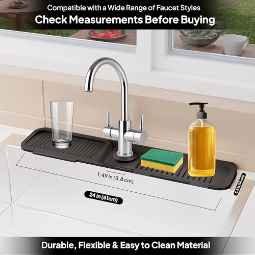 24 Inch Silicone Faucet Mat for Kitchen Sink Longer Splash Guard Behind Faucet Fast Draining 5° Slope Sink Protector Water Catcher Draining Mat Black - color: Black, style: 24 Inch