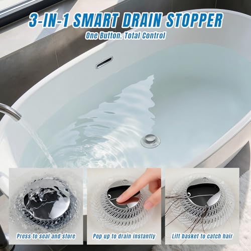 Hair Catcher Drain Stopper for Bathtub, Pop-Up with Silicone Filter, 3-Layer Brass Rust-Proof, One-Button Seal & Drain, Fits Standard U.S. Drains (1-1/2” & 1-3/8”), No Tools Needed (2 Pack) - color: Sliver-2 Pack