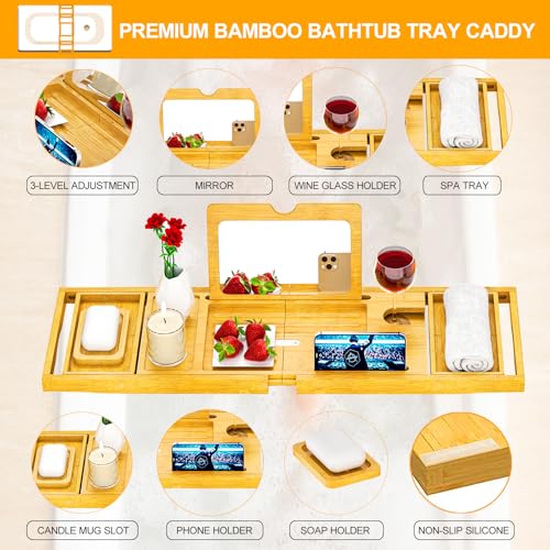 Premium Bathtub Tray Caddy with Makeup Mirror Bamboo - Bath Tray Expandable- Unique House Warming Gifts, New Home, Anniversary & Wedding Gifts for Couple, Bridal Shower Gift for Wome - color: Bamboo