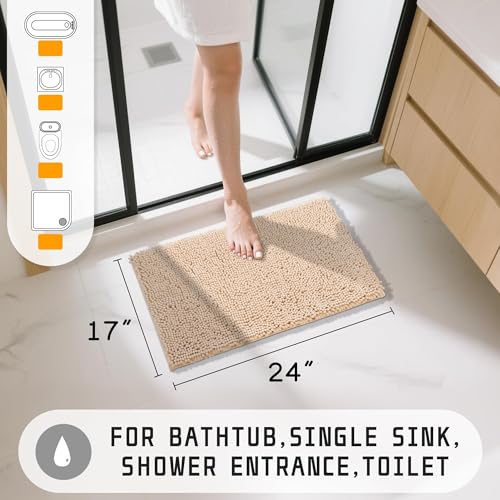 Yimobra Washable Bathroom Rugs, Super Soft & Absorbent Chenille Bath Mat for Floor & Carpet, Quick Dry Non Slip Bath Mat for Tub Shower, 24" x 17",Beige - color: Beige, size: 24" X 17"
