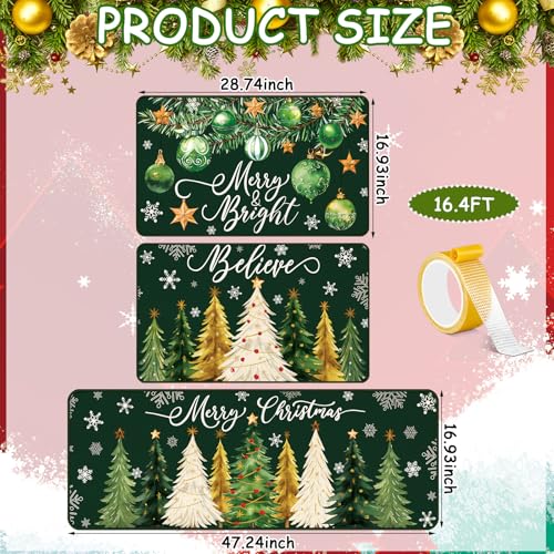 Drydiet 3 Pcs Green Christmas Kitchen Rug and Mat Set Xmas Tree Snowflakes Kitchen Floor Mat Waterproof Non Slip Farmhouse Merry Christmas Doormat Holiday Xmas Decor for Home Office Bathroom Decor - color: Green, style: Christmas Tree