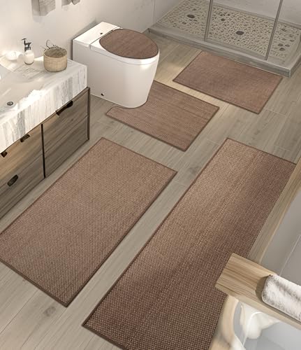 YIHOUSE Bathroom Rugs Sets 5 Pieces, Coffee Ultra Thin Bath Mats Fit Under Door, Absorbent Quickly Dry Rubber Backing Braided Bath Mat Set, Non Slip Washable Bath Rugs Mat for Bathroom Floor, Coffee - color: Coffee, size: 5pieces