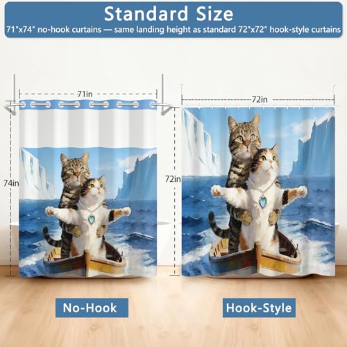 No Hook Bathroom Shower Curtain with Detachable Liner, Ocean Theme Funny Cat Shower Curtain with Translucent Top Window and Weighed Hem, Double-Layer Waterproof Bath Curtain, 71x74 Inch - color: Romantic Cat