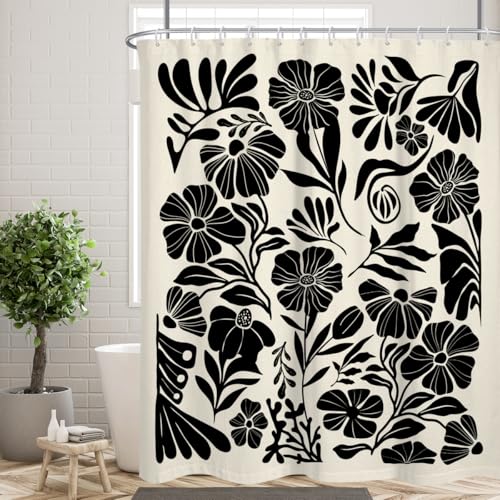 Black Floral Shower Curtain Large Extra Long Boho Flower Farmhouse Vintage Gothic Abstarct Retro Whimsical Funky Botanical Moody Fabric Cloth Bathroom Decor Set 72x84 inch Polyester 12 Hooks - color: Black, size: 72"W x 84"L (Pack of 1)