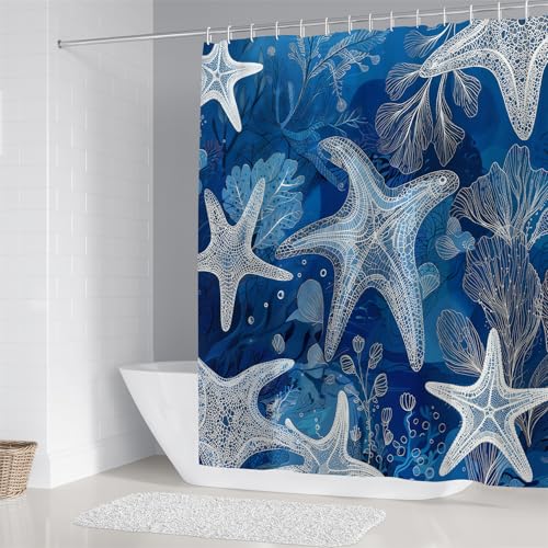 LQCOOL 4Pcs Blue Ocean Shower Curtain Set, Modern and Nautical Bathroom Sets, Starfish and Coral Decor Bathroom Sets with Shower Curtain and Rugs, Shower Curtain with 12 Hooks - color: Dark Blue