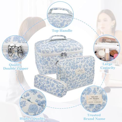 Gosect Makeup Bag, Large Quilted Cosmetic Bag, Big Floral Make Up Bag for Women Girls, Cute Cotton Makeup Bag Set, Flower Travel Toiletry Organizer Bag (Blue Flower) - color: Flower