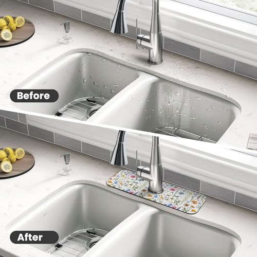 Spring Flower Colorful Leaves 15" X 5.5" Kitchen Sink Splash Guard Faucet Faucet Guard Draining Mat Sink Splash Guard Faucet Kitchen Bathroom - color: Spring Flower Colorful Leaves