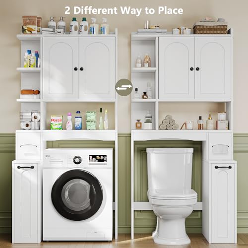 Einhomn Over The Toilet Storage Cabinet with Pulley, Space Saver Bathroom Organizer with Arched Doors & Open Shelves, Toilet Paper Holder Stand Toilet Rack for Bathroom, Restroom, Laundry, White