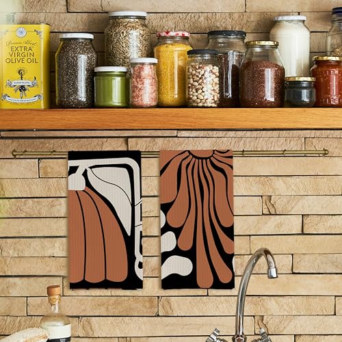 Black and White Floral Kitchen Towels, Retro 70s Groovy Hand Towels for Bathroom Decor, Modern Minimalist Botanical Dish Tea Towels for Kitchen Decor(16×24 Set of 2) - color: Boho Black and Whtie