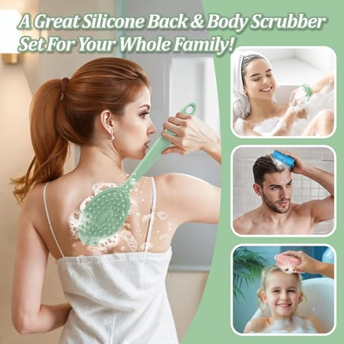 Silicone Back & Body Scrubber Set 2PCS, 13.4'' Gentle Exfoliating Back Scrubber with Dual-Side Head and Non-Slip Handle, Hygienic Silicone Loofah with Soft Bristles and Massage Dots(Green-2PC) - color: Green*2