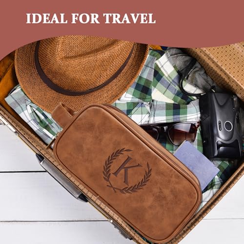 Travel Toiletry Bag For Mens PU Leather Engraved Initials (Yellow Brown I) | Personalized Gifts For Father Husband Groomsmen Birthday Waterproof Dopp Kit Bag Beach Travel Essentials Bathroom Organizer - color: Yellow Brown, style: I