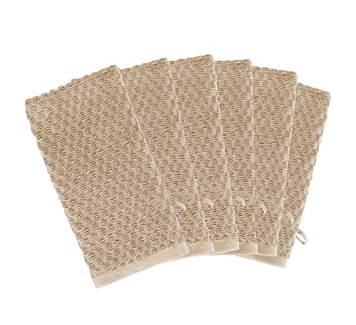 COTTON CRAFT Bath Mitt - 6 Pack Euro Spa Waffle 100% Cotton Towel Mitts | Large 5.5x10 inches Linen Exfoliating Gloves - Sensitive Skin Friendly - Body Bath Shower Glove Washcloth with Hanging Loop - color: Linen - Bath Mitt