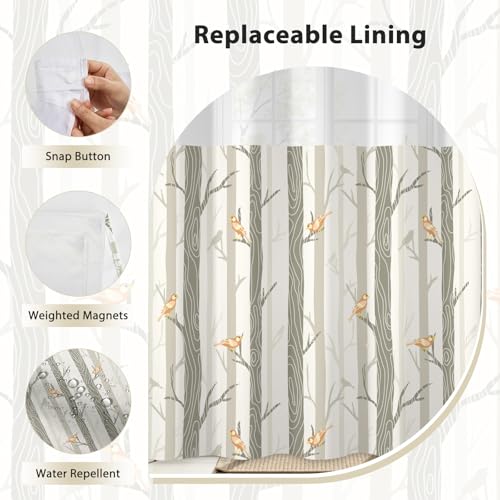 No Hook Shower Curtain with Snap in Liner, Yellow Bird Tree Fabric Shower Curtain Set for Bathroom, Hotel-Quality, See Through Top Window Design, 59" W x 79" L - color: 05 Bird - Yellow, size: 59"W x 79"L (Pack of 1)