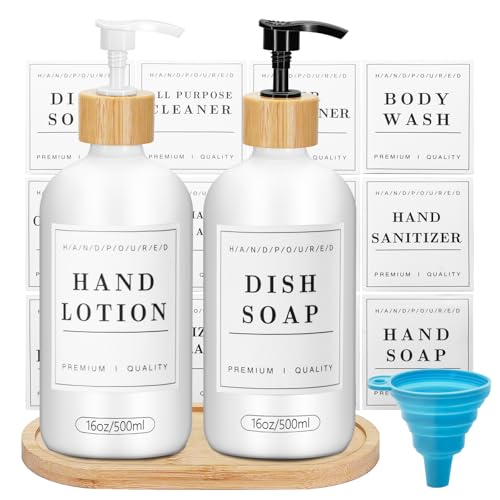 2 Pack 16 Oz Glass Soap Dispenser Set with Tray and Sticker, Hand Dish Soap Dispenser Set for Bathroom and Kitchen Bottle Dispenser with Dish Soap, Hand Soap, Lotion Sticker (White) - color: White