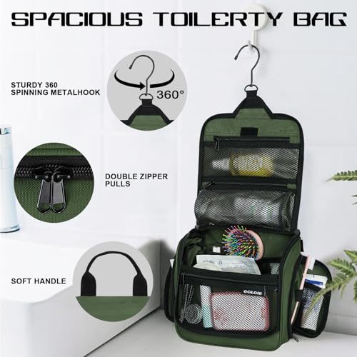 Goloni Hanging Toiletry Bag, 10 Compartments Water-Resistant Makeup Bag with 360° Spinning Metal Hook, Large Travel Cosmetic Organizer for Men & Women, Green (7.05oz) - color: Green
