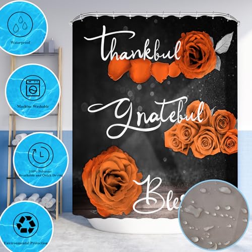 4Pcs Orange Rose Shower Curtain Sets, Thankful Grateful Blessed Bathroom Curtain with Non-slip Rug, Toliet Lid Cover, Bath Mat and 12 Hooks, Juice Flower Romantic Showy Floral Farm Fall Decor for Bath - color: Orange