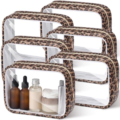 Abbylike 6 Pcs Clear Makeup Bags Bulk PU Leather Cosmetic Pouches Transparent Toiletry Bags with Zipper Waterproof Purse Skincare Car Organizer for Girl Women Travel Gifts(Leopard Print) - color: Leopard print