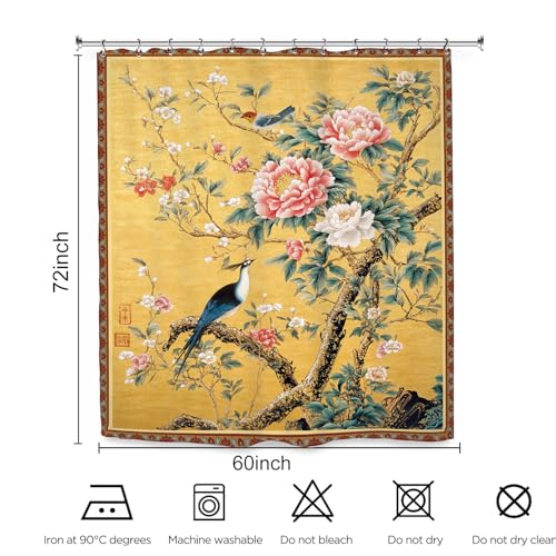 Vintage Flower Peony Shower Curtain 60Wx72L Inch Chinese Blossom Asia Yellow Botanical Plant Bathroom Set Accessories Decor with 12 Pack Hooks - color: Yellow Vintage Bird, size: 60"W x 72"L (Pack of 1)