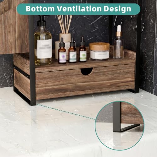 Kottwca 2-Tier Bathroom Counter Organizer with Drawer, Basket & Hooks, Wooden Vanity Shelf for Skincare, Perfume & Makeup Storage(Dark Brown) - color: Dark Brown