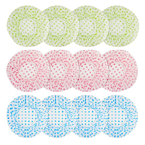 Shower Cap, 12 Pcs Plastic Shower Caps, Shower Caps for Women Reusable Waterproof, Elastic Band Flower Printed Hair Cap for Shower Spa Salon