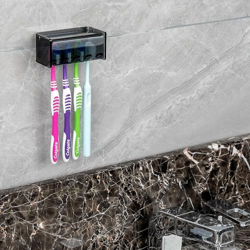 Toothbrush Holder Wall Mounted with Cover for Bathroom, 4 Slots Toothbrush Storage Organizer for Shower, Self Adhesive Toothbrush Hanger Rack for Dorm, Cabinet (Gray Clear) - color: 4slots Gray Clear 1pack