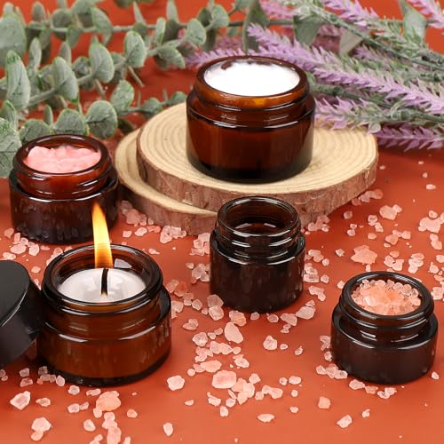 Accmor 1 OZ Glass Jars with Lids, 4 Pack Amber Makeup Sample Container with Inner Liners & Spatulas, Leak Proof Round Travel Cosmetic Storage for DIY Making Lotions, Creams, Body Scrub, Bath Salts - color: Amber, size: 1 Ounce