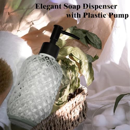 1 Pack 13.5oz Glass Soap Dispenser with Plastic Pump, Diamond Design Refillable Hand Soap Dispenser for Hand Wash, Bathroom and Kitchen (Clear) - color: Clear Transparent