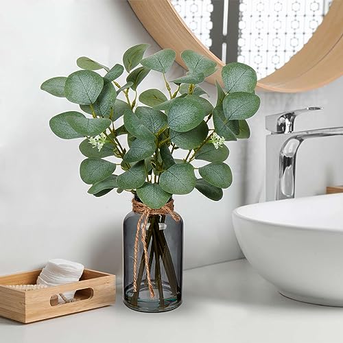 Briful Artificial Eucalyptus Stems in Black Glass Vase with Faux Water, 14" Fake Plant Eucalyptus Leaves for Home Office Farmhouse Wedding Centerpiece Décor, 2 Packs - color: Black Dual