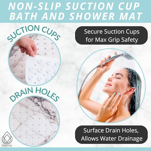 ENKOSI Bath Mat – Large 40 x 16 Inch Non-Slip Bathtub Mat with Suction Cups & Drain Holes – Extra Long Shower Mat for Tub with Marble Print Design (Grey Marble 40x16) - color: Marble Gray
