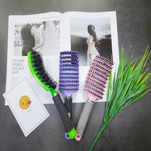 3 Pack Detangling Brush Getting Knots Out without Pain Adds Shine and Makes Hair Smooth, Detangler Boar Bristle for Adult & Kids Wet or Dry Hair(Pink/Purple/Green)
