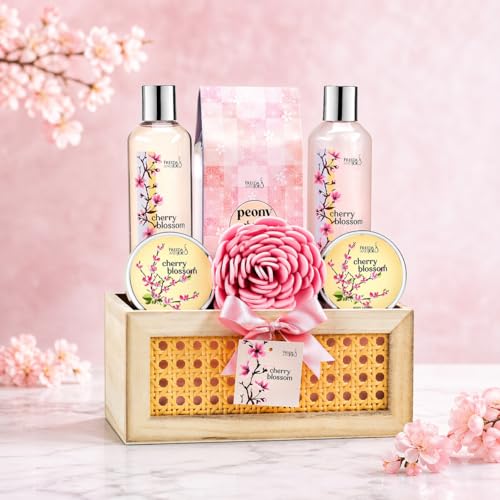 Cherry Blossom Spa Gift Basket for Women – Luxury Bath & Body Gift Set with Shower Gel, Bubble Bath, Body Scrub, Lotion & Bath Salts – Mother’s Day Self Care Gift for Mom
