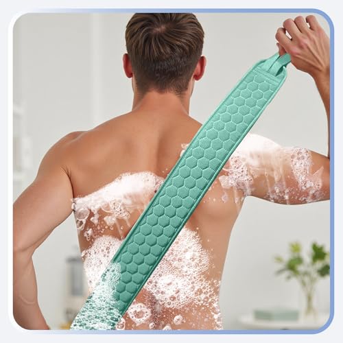 Back Scrubber for Shower with Handles, 40 Inch Extra Long Double-Sided Exfoliating Bath Strap, Textured Body Washer with Extended Reach for Deep Cleaning (Green) - color: Green
