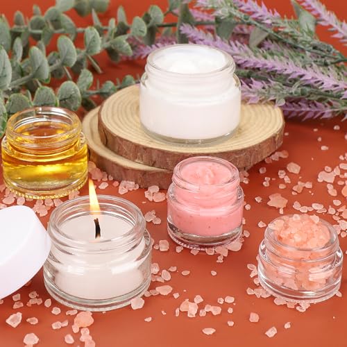 Accmor 10 Pcs Mini Glass Jars with Lids, 0.18/0.35/0.53/0.7/1 OZ Makeup Travel Containers with Inner Liners & 5 Spatulas, LeakProof Reusable Makeup Sample Container for Creams, Lotion, Essential Oils - color: White