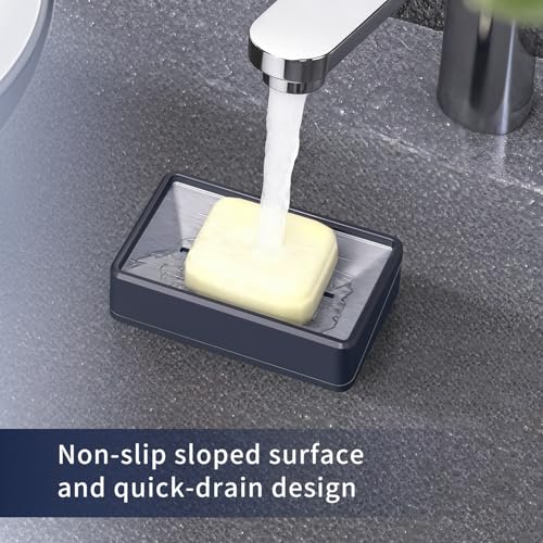 Soap Dish Tray with Drain for Bathroom Shower Kitchen | Stainless Steel Bar Soap Holder with Suction Cups, Double Layer Draining Soap Container Box for Sink Countertop/Wall-mounted