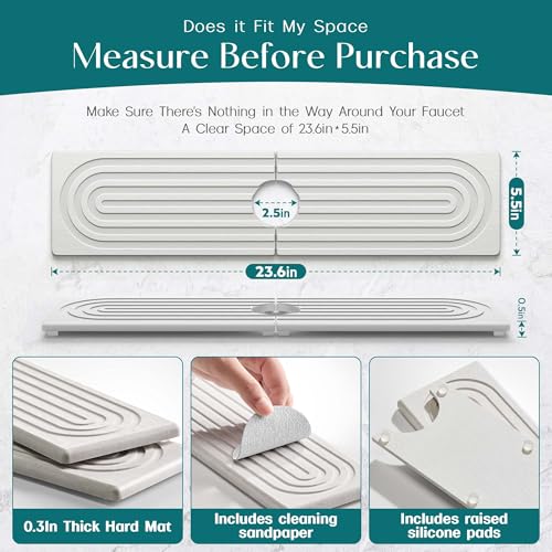 Large Faucet Mat for Kitchen Sink - Stone Drying Mat for Kitchen Counter, Diatomite Fast Drying Stone Sink Tray, Super Absorbent, Stylish Decor and Protector for Bathroom (Light Grey, 23.6" x 5.5") - color: Light Grey, size: 23.6" x 5.5"