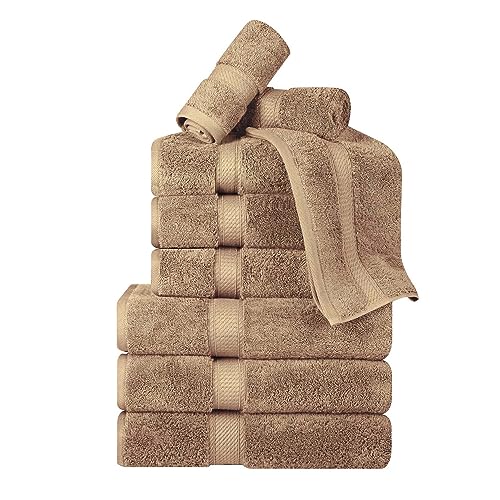 BNM Madeline Egyptian Cotton Heavyweight Towels, Ideal For Shower, Spa, Hotel, 800 GSM, Face/ Washcloths, Hand Towels, Bath Towels, Highly-Absorbent, Luxury Basics, 9 Piece Towel Set, Latte Brown - color: Latte, size: 9-Piece Towel Set