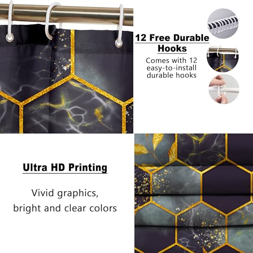 Poedist 4 Pcs Bathroom Shower Curtain Set,Bathroom Sets with Rugs(Bath Mat,U Shape and Toilet Lid Cover Mat) and 12 Hooks,Honeycomb Marble Grey Black - color: Black Grey