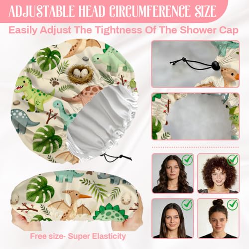 Dinosaurs Leaves Reusable Shower Cap Cute Double Layer Waterproof Shower Caps Large Elastic Hair Cover Adjustable Hair - Drying Caps for Woman Bath SPA Travel One Size Fits Most - color: Dinosaurs Leaves