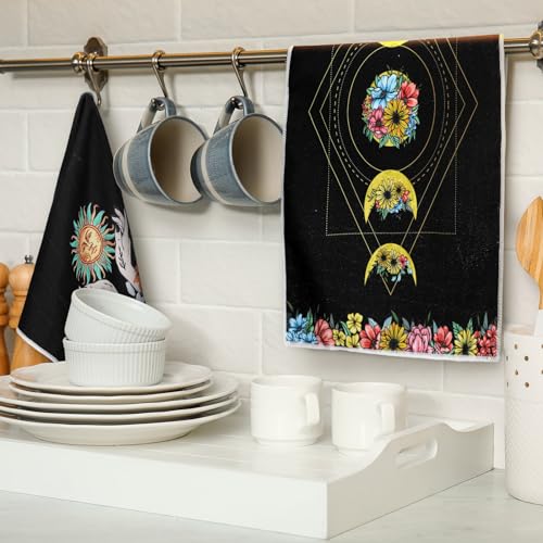 Boyiee Set of 6 Witchy Kitchen Towels Boho Tea Towels Absorbent Mushroom Floral Dish Towels 24 x 16'' Gothic Dish Towels Sun Moon Star Butterfly Hand Towels Gifts for Farmhouse Kitchen Bathroom - color: Moon