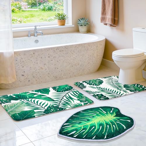 Green Bathroom Rug Set 3 Piece Palm Leaf Bathroom Rugs Set with U-Shaped Mat Green Leaves Bath Mat with Unique Leaf Shaped for Bedroom Floor Living Room Machine Washable