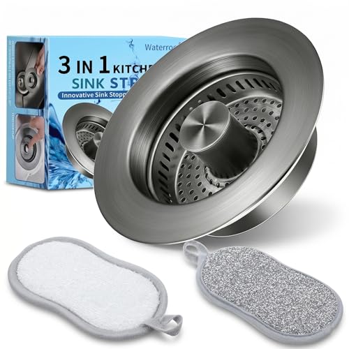 3-in-1 Kitchen Sink Drain Strainer and All-Purpose Scrub Sponges, Sink Stopper Pop-Up Drain Plug with Anti-Clogging Food Catcher Basket, Fits US Standard 3-1/2 Inch Sinks,Sponge Cleaning Dish - color: 2 Grey Strainer+4 Kitchen Sponges