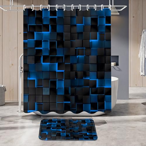LQCOOL 4 Pcs Blue Shower Curtain Set with Rugs, 3D Cubes Modern Bathroom Set, Black Blue Polyester Shower Curtains for Bathroom with 12 Hooks, Toilet Lid Cover & U-Shaped Mat - color: Black Blue