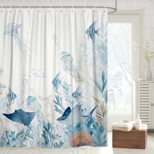 Fabric Shower Curtain with Hooks, Waterproof & Washable Polyester, Ocean Turtle Octopus Fish Shower Curtains for Bathroom, Summer Underwater Animal Coastal Beach Bathroom Curtain, 71x74 Inch - color: Blue Ocean Whisper