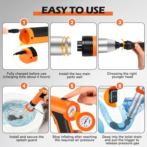 Electric Toilet Plunger, High Pressure Toilet Snake Drain Clog Remover, Splash-free Unclogger with Drain Snake Auger, Plungers for Bathroom Heavy Duty, Versatile Air Blaster Unclogger Kit (Orange) - color: Electric Orange