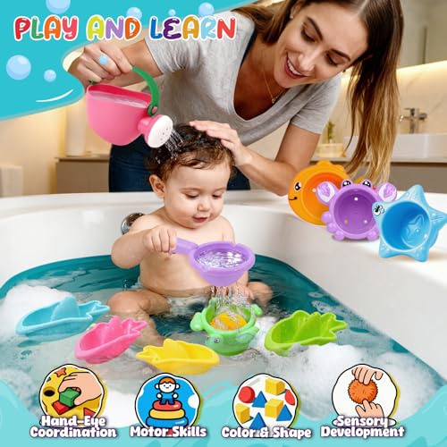 10 Pcs Bath Toys for Kids Ages 1-3, Bathtub & Pool Water Toys for Toddlers 1-3 & Babies 12-18 Months, Water Table Accessories with Floating Boats, Stacking Cups & Pouring Fun for Boys Girls - style: Boats Set