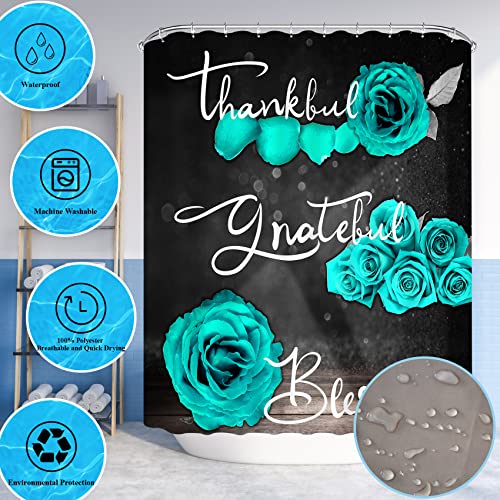 4Pcs Teal Rose Shower Curtain Set, Thankful Grateful Blessed Turquoise Bathtub Curtain with Non-Slip Rug, Toilet Lid Cover, Bath Mat and 12 Hooks, Romantic Green Floral Bathroom Decor, 72 x 72 inch - color: Green