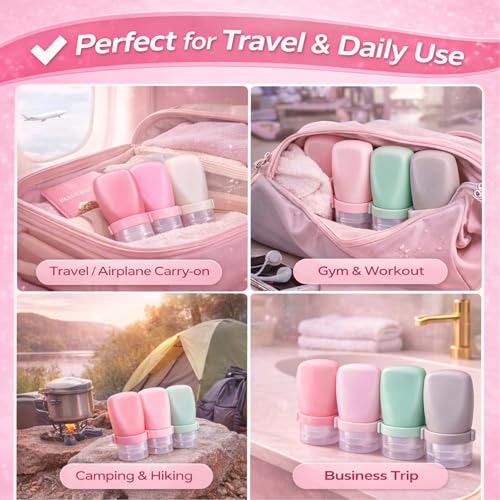 2 oz Travel Bottles, Leakproof Silicone Squeeze Bottle Mini Travel Size Container for Toiletries Lotion Shampoo and Conditioner Liquid Salad Dressing to go Condiment, TSA Approved, 4 Pack - color: Pink, Green, Clear, size: 2 oz