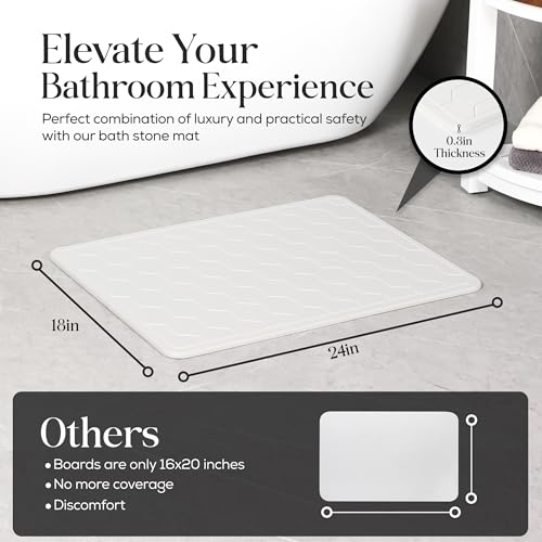 Diatomaceous Earth Stone Bathmat | Eco-Friendly XL Stone Bath Mat 18x24 Inch. Instant Dry Bathroom Mat with Sandpaper & Pads. Multiuse, Kitchen Counter & Stone Dog Bowl Mat (2, White) - color: White