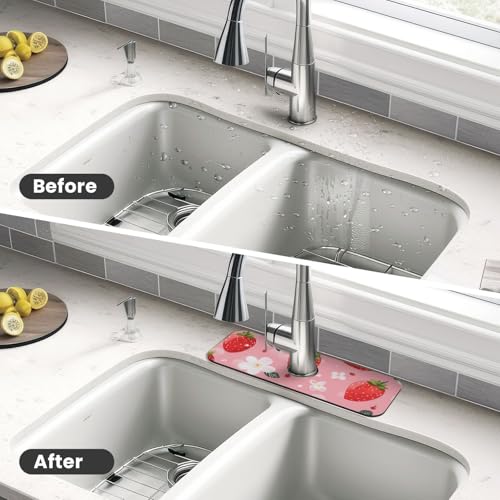 Kitchen Sink Splash Guard Faucet Mat, Pink Strawberry Cute Diatom Mud Absorbent Draining Mat For Kitchen Sink Bathroom - color: Pink Strawberry Cute, size: One Size