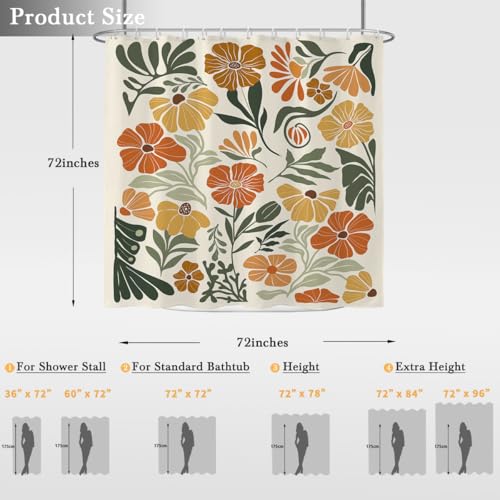 Boho Shower Curtain, Funky Colorful Floral Bathroom Decor, Vintage Wildflower Botanical Patterns, Terracotta Orange Polyester Fabric with 12 Hooks, 72x72 Inch - color: Orange, size: 72"W x 72"L (Pack of 1)